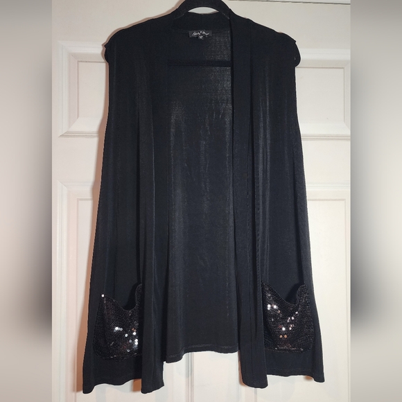 Slinky Brand Super Stretchy Black Sleeveless Open Front Cardigan Sequin Pockets - Picture 1 of 4